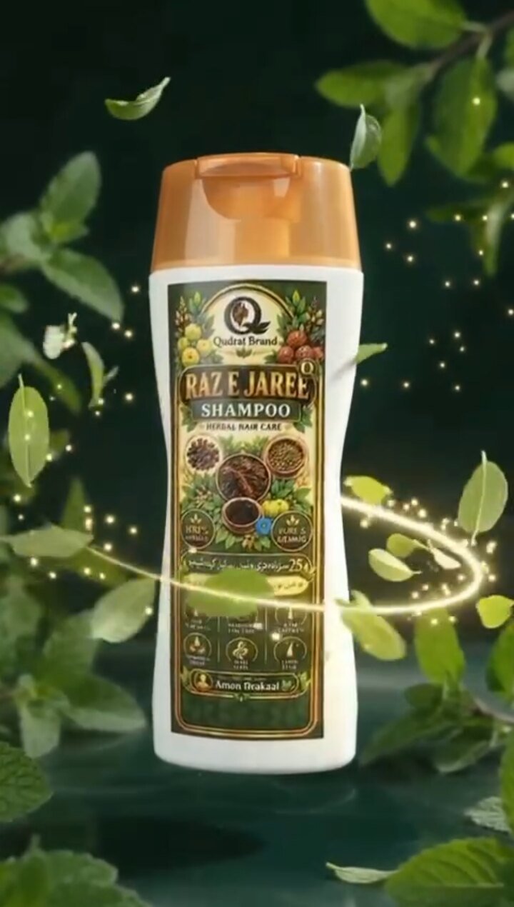 Raz E Jaree Shampoo with golden light and green leaves